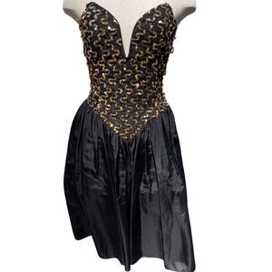 VTG 80s GUNNE SAX Womens (9) Strapless Gold Sequin Black Cocktail Prom Dress USA
